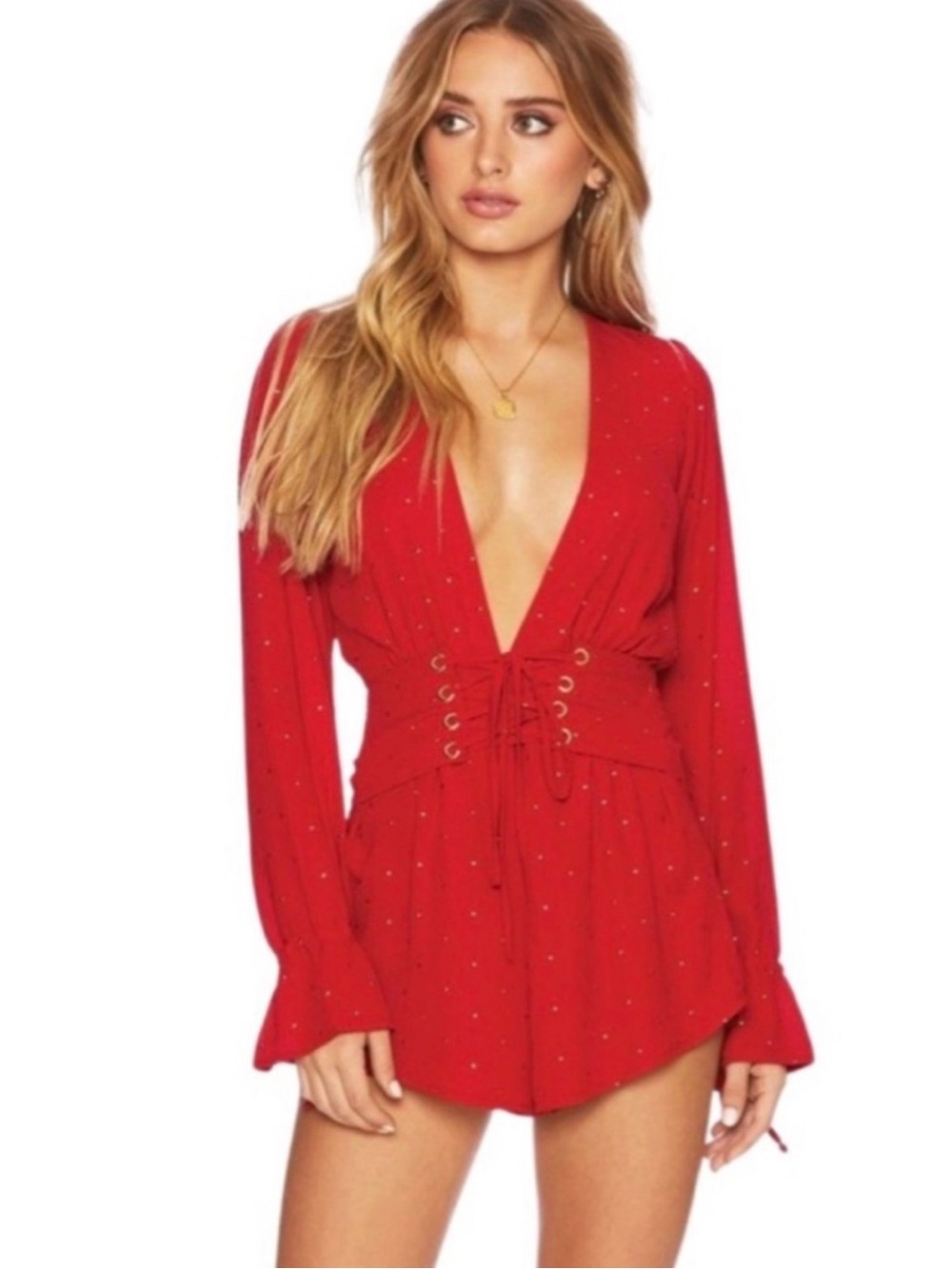 Beach Riot Red Deep V Lace-Up Long Sleeve Romper